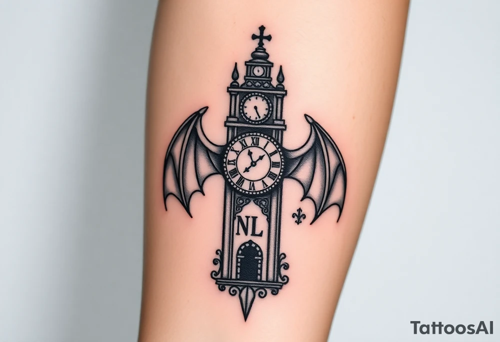 Demon baby clock tower with the the word NLB tattoo idea