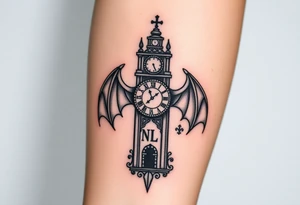 Demon baby clock tower with the the word NLB tattoo idea