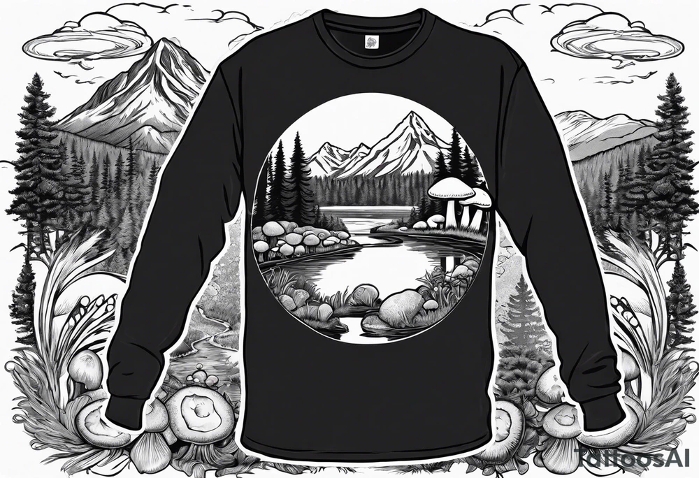 Whole picture encircled fully

Straight long blonde hair hippie girl in distance holding mushrooms in hand facing away toward mountains and creek surrounded by mushrooms long sleeve shirt and hiking pants; whole rendering within a full circle, no cut off circle tattoo idea