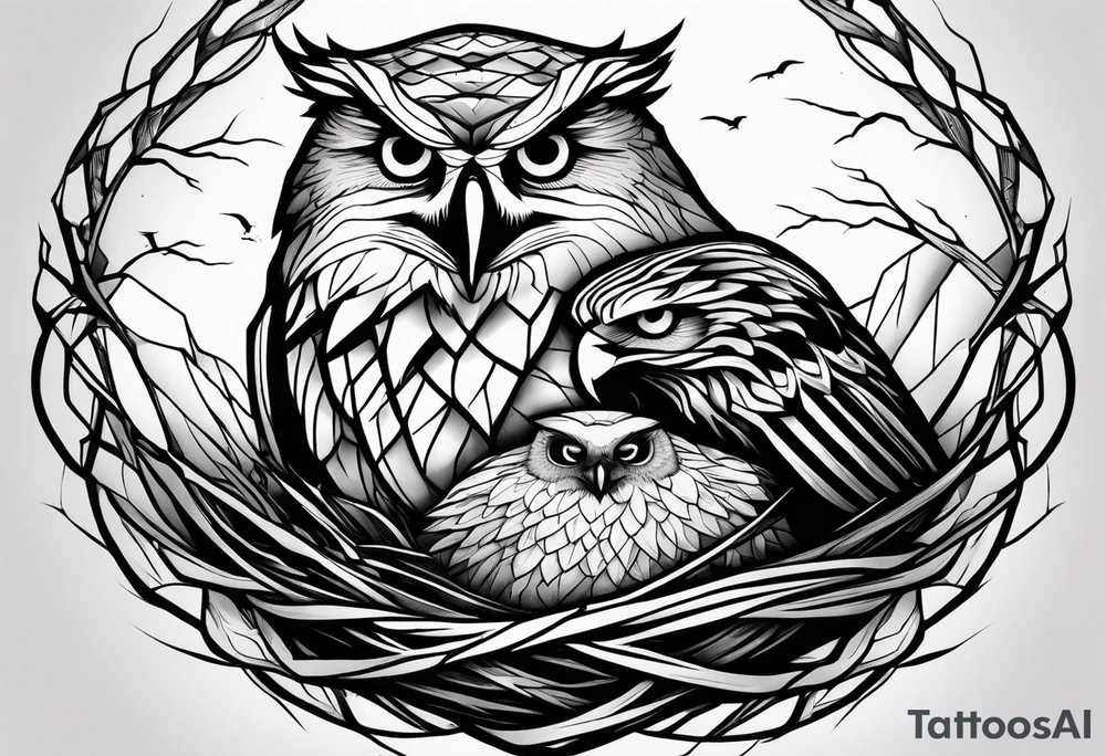 Owl, raven, eagle cuddled in a nest, looking down into the nest tattoo idea