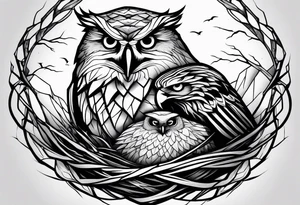 Owl, raven, eagle cuddled in a nest, looking down into the nest tattoo idea