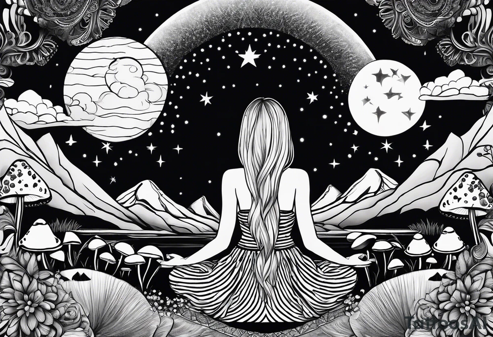 Straight blonde hair girl meditating facing away toward mountains surrounded by mushrooms crescent moon mandala circular design black and white striped dress tattoo idea