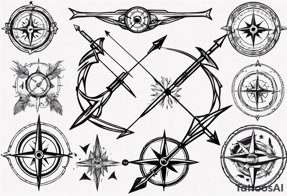 bow arrow with compass in the middle tattoo idea