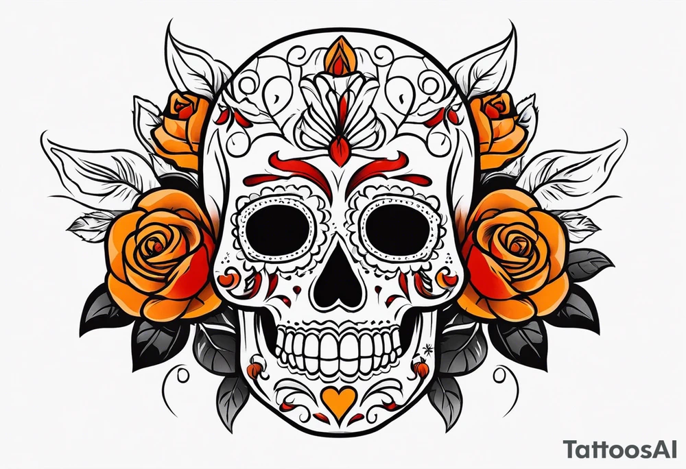 Sugar skull with roses that are orange and red with smoke around it tattoo idea
