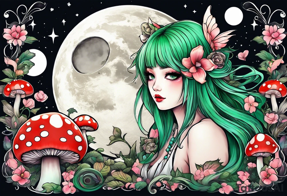 fairy with green hair, eating a mushroom under the moon, tripping balls tattoo idea