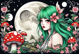fairy with green hair, eating a mushroom under the moon, tripping balls tattoo idea