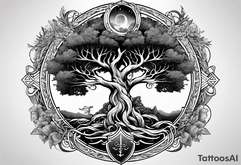 Yggdrasil growing around pisces astrology sign and a long sword underneath tattoo idea