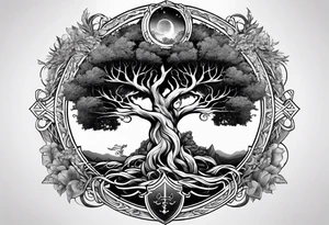 Yggdrasil growing around pisces astrology sign and a long sword underneath tattoo idea