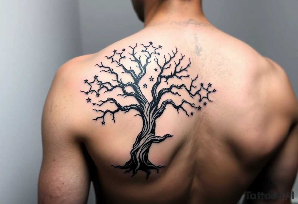 Flowing asymmetrical symbolic tree quarter sleeve on shoulder. Bold and simple branches that do not look realistic. Tree of gondor with seven stars tattoo idea
