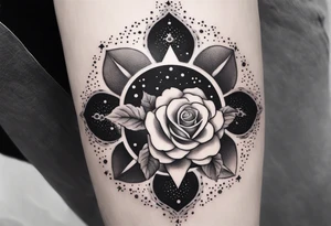 Vertical Clouds with tesseract inside and small roses and stars around it tattoo idea