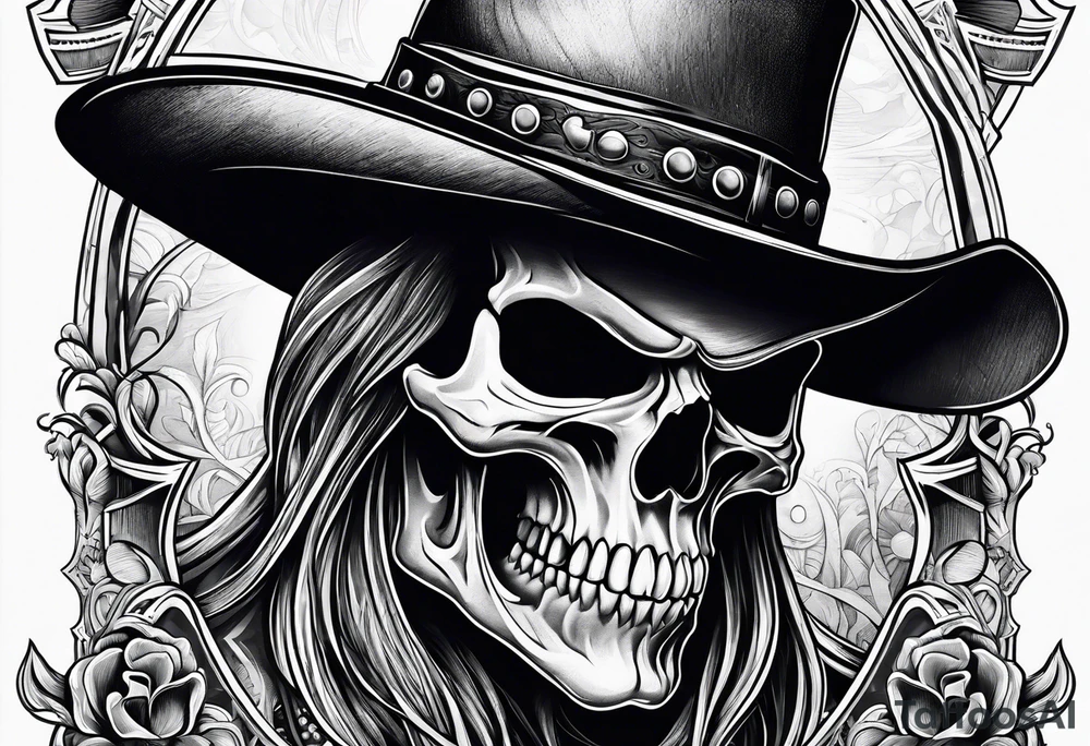Screaming skull with cowboy hat tattoo idea