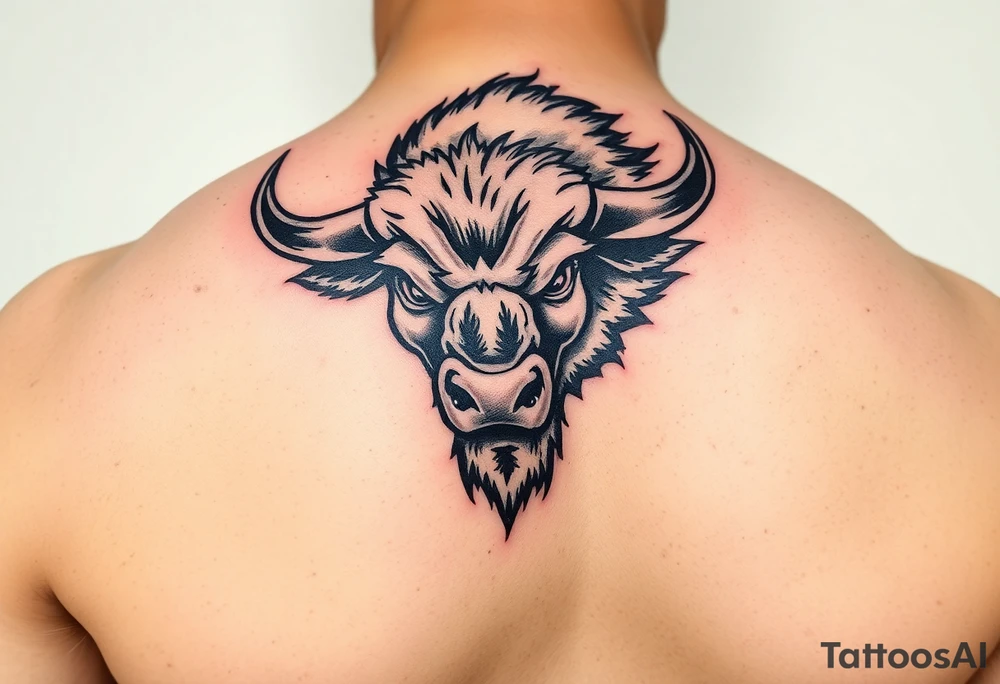 Powerful Buffalo head, charging face first into a snow storm, Stanford logo as a brand, on bicep shoulder. tattoo idea