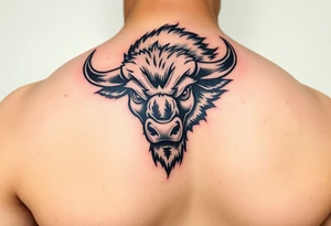 Powerful Buffalo head, charging face first into a snow storm, Stanford logo as a brand, on bicep shoulder. tattoo idea
