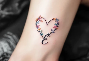 A soft pastel heart outline with a handwritten letter "E" in light grey ink, creating a delicate and airy aesthetic. tattoo idea