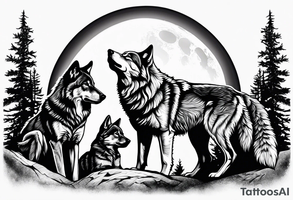 Wolfs and 4 cubs howling at moon tattoo idea