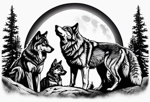 Wolfs and 4 cubs howling at moon tattoo idea