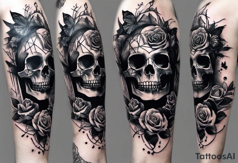 A sleeve tattoo whose elements seem to be connected into one story. Elements on the tattoo: a skull with a rose sticking out of the eye, plants, a girl’s face turning into roots, a destroyed old chain, a broken sword, a butterfly and you can add some connecting elements tattoo idea
