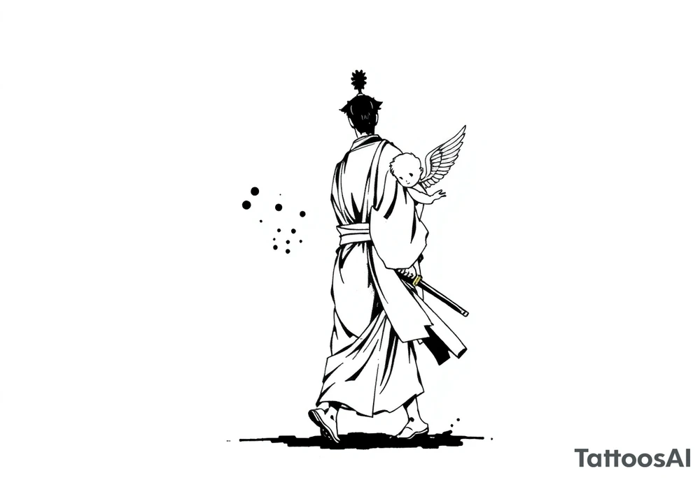 "Blackwork tattoo sketch of a lone samurai walking forward, shown in dramatic silhouette style. The samurai wears traditional kimono and hakama, holding a katana in one hand with the blade pointing downward. Behind him floats a small child angel with detailed feathered wings, gently touching the samurai’s back with one hand, as if stopping or guiding him. Strong contrast, dynamic ink splatter, rough brush strokes, Japanese sumi-e vibe, emotional and symbolic composition, high detail linework, no background." tattoo idea