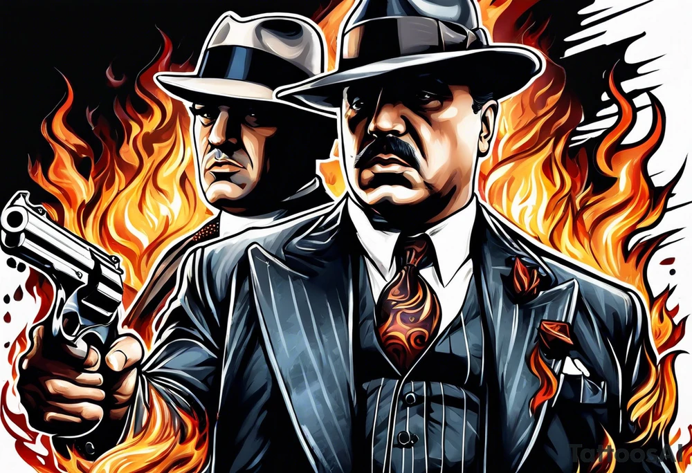 capone style gangsters having a shootout against a dark background scene with flames blues tattoo idea