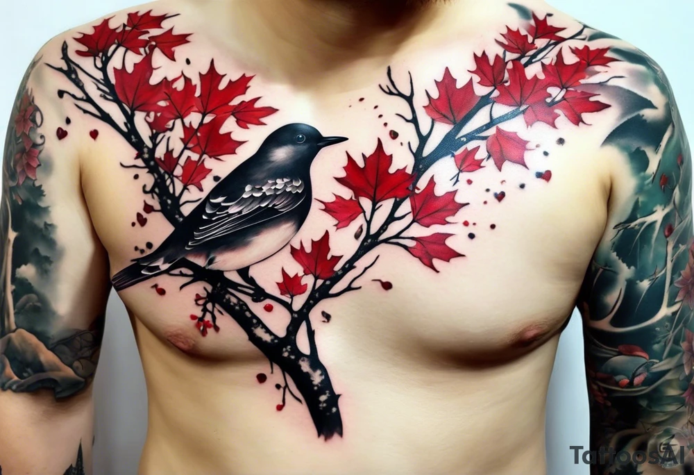 trash polka style. Arm tattoo. chest tattoo. Long tattoo. large tattoo. Full sleeve. Shoulder. A single large maple tree with red autumn leaves that branches upwards from wrist to shoulder. White-throated dipper bird on the trees branches. Calluna flowers at the base of the trees stem. Leaves falling. tattoo idea