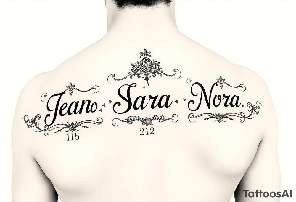 Meaning of names Jean God is gracious born on February 26, Sara Princess born on January 28, Nora honor and light born on August 14 tattoo idea