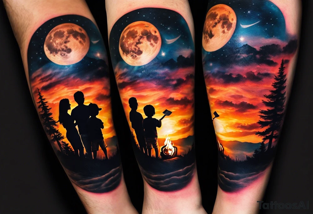 Tattoo of a family of four on a male forearm 
- dad, mom and two boys around a campfire.  Background is a sunset at the bottom, night at the top with a big beautiful moon. I would like it to be encased in a circle with the words "All that I need is the air that I breathe, and all that I need are things I don't need, and all that really matters is what matters to me". tattoo idea