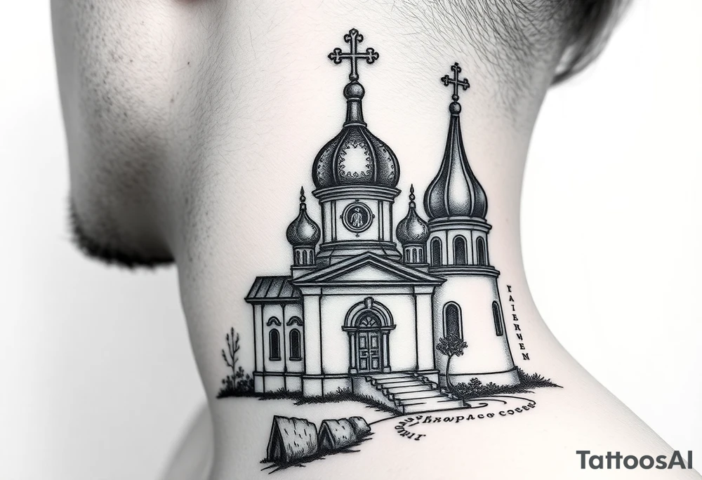 rusian orthodox domes church with a virgin mary in a russian rural village with Church Slavonic script or Cyrillic text — a prayer or meaningful phrase running along the sides tattoo idea