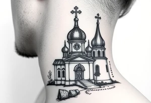rusian orthodox domes church with a virgin mary in a russian rural village with Church Slavonic script or Cyrillic text — a prayer or meaningful phrase running along the sides tattoo idea
