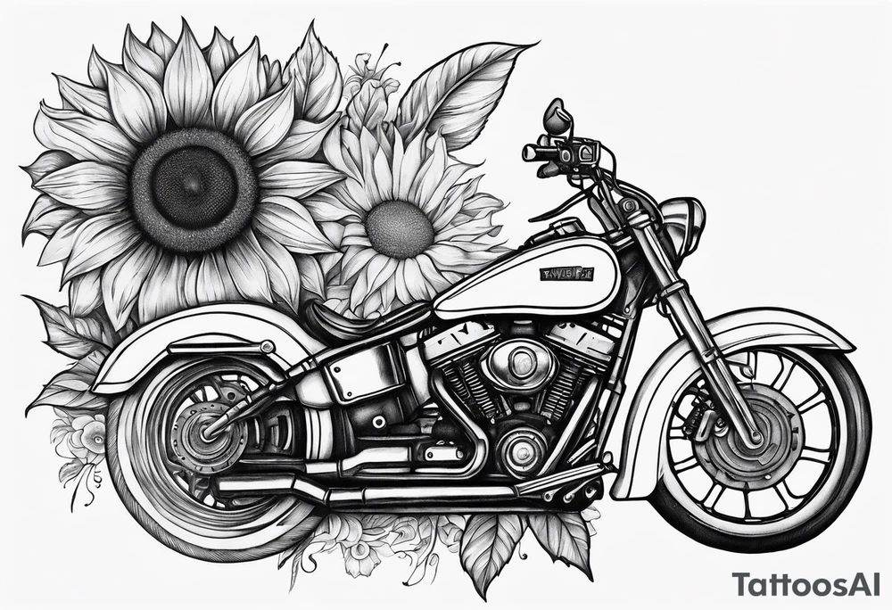 A central cross with the names Kyle Peter Lori on it with lighting a motorcycle and a sunflower around it tattoo idea