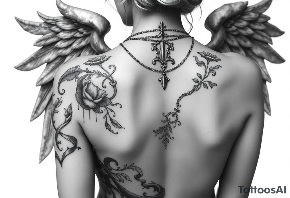 Create a statue of some angel, ruined with a corrupt criminal/thug style, tattoos, jewelry, gold necklaces. I would like this to be placed on the left arm. tattoo idea