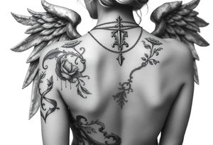Create a statue of some angel, ruined with a corrupt criminal/thug style, tattoos, jewelry, gold necklaces. I would like this to be placed on the left arm. tattoo idea