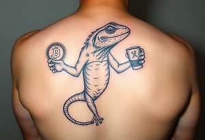 Powerful lizard holding a bitcoin in one hand and coffee in the other hand with socks and slides on tattoo idea