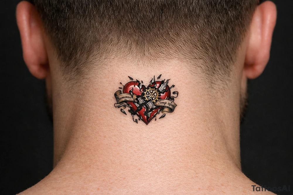 Surreal heart with clockwork gears breaking apart, script entwined. tattoo idea