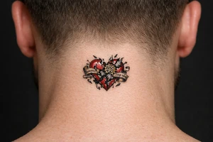 Surreal heart with clockwork gears breaking apart, script entwined. tattoo idea