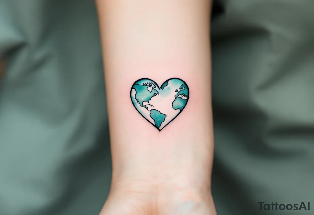 A heart-shaped Earth tattoo in pastel teal and moss green symbolizes love for the planet. tattoo idea