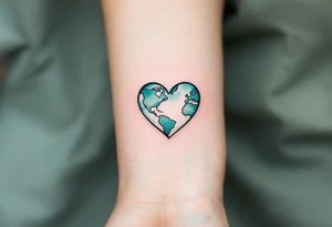 A heart-shaped Earth tattoo in pastel teal and moss green symbolizes love for the planet. tattoo idea