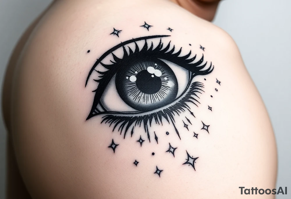 PUPIL: Solid black  
IRIS: Dotwork gradient (black → gray)  
STARS: Packed white ink (1.5mm dots) + micro-dot "halos" tattoo idea