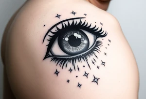 PUPIL: Solid black  
IRIS: Dotwork gradient (black → gray)  
STARS: Packed white ink (1.5mm dots) + micro-dot "halos" tattoo idea