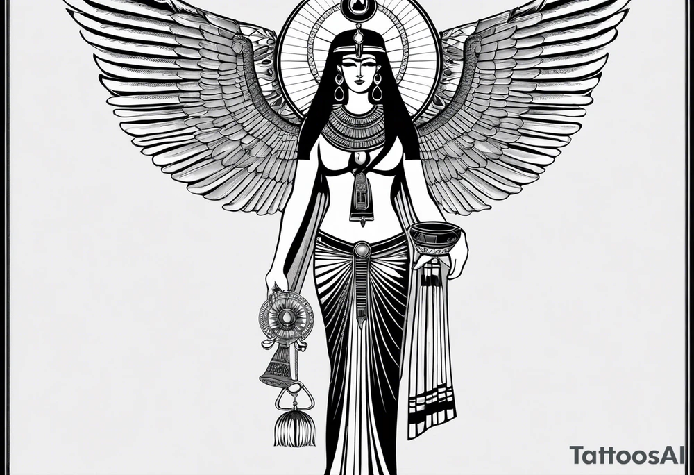 blank and white Egyptian goddess Isis, who is often depicted as a woman with outstretched wings, holding an ankh (a symbol of life) in one hand and a lotus flower in the other. Her headdress often includes a throne or a solar disk. The tattoo design can vary in style and size, but it typically aims to capture the essence of this revered Egyptian deity, emphasizing her beauty, power, and maternal qualities. The choice of colors and additional elements can also be customized to create a unique and visually striking representation of the goddess Isis tattoo idea