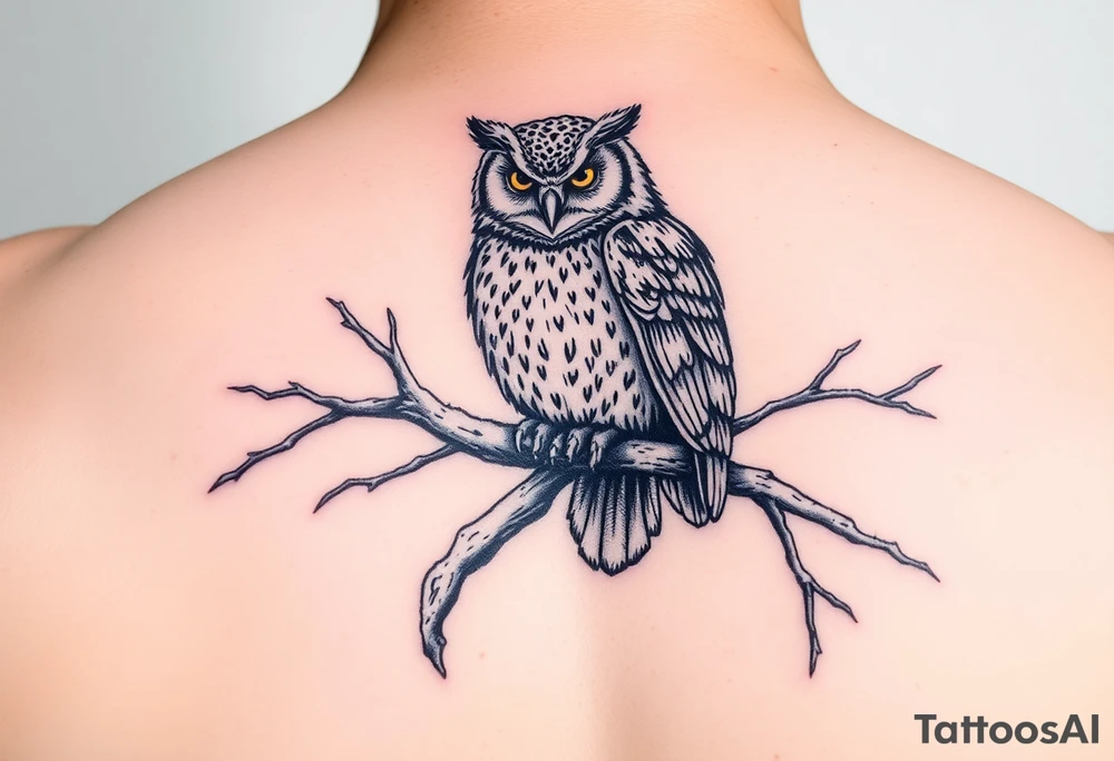 wise owl perched on ancient oak branch under starlit sky tattoo idea