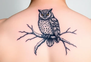 wise owl perched on ancient oak branch under starlit sky tattoo idea