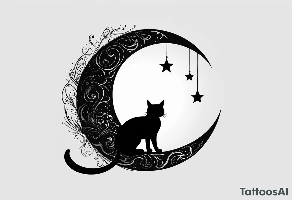 silhouette of full body black cat sitting on outline of crescent moon, simple, white background, no added details, not too busy tattoo idea