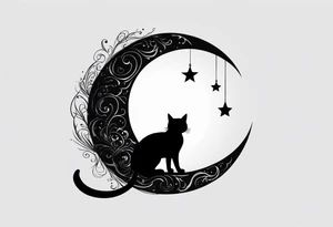 silhouette of full body black cat sitting on outline of crescent moon, simple, white background, no added details, not too busy tattoo idea