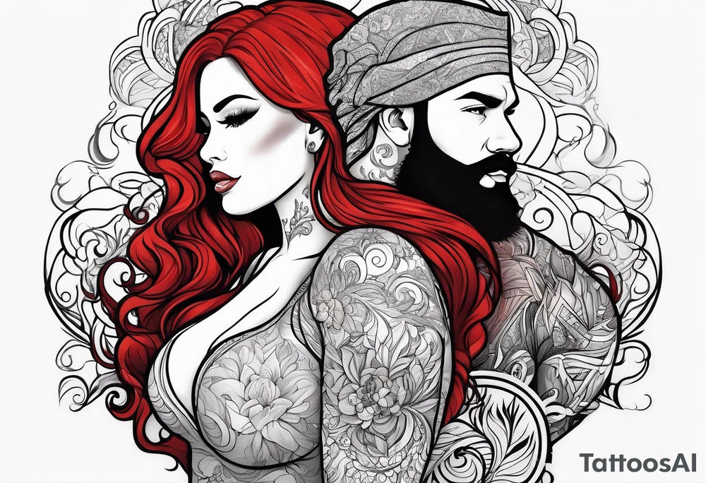 Busty red hair woman with bearded black hair man tattoo idea