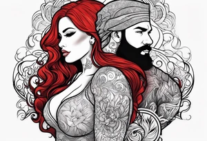 Busty red hair woman with bearded black hair man tattoo idea