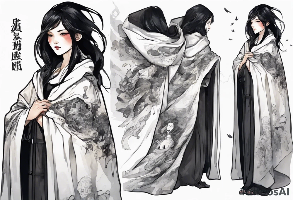 a 50-year-old black-haired woman dressed in a black and white cloak, at night tattoo idea