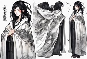 a 50-year-old black-haired woman dressed in a black and white cloak, at night tattoo idea