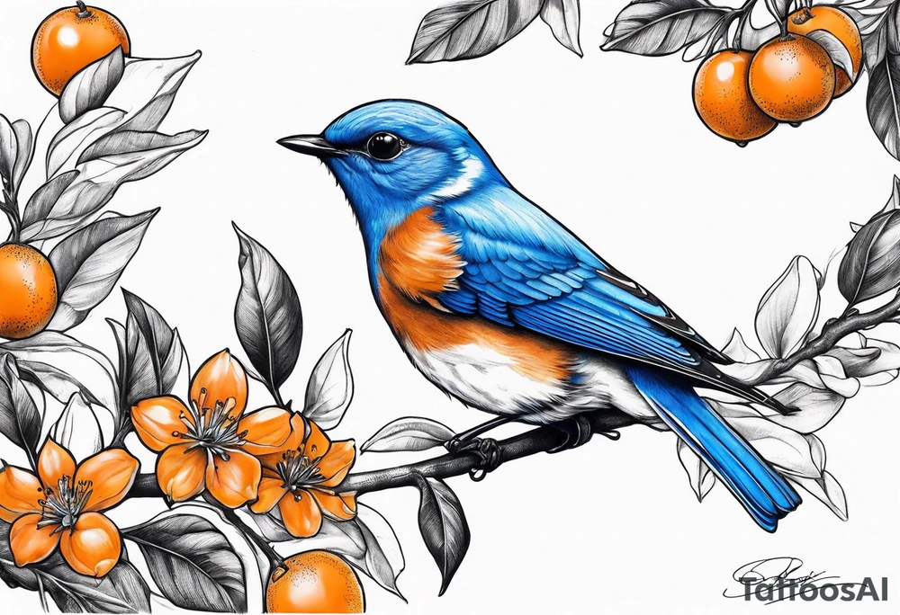 bluebird lifting off of branch with orange blossoms tattoo idea