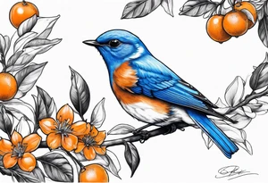 bluebird lifting off of branch with orange blossoms tattoo idea