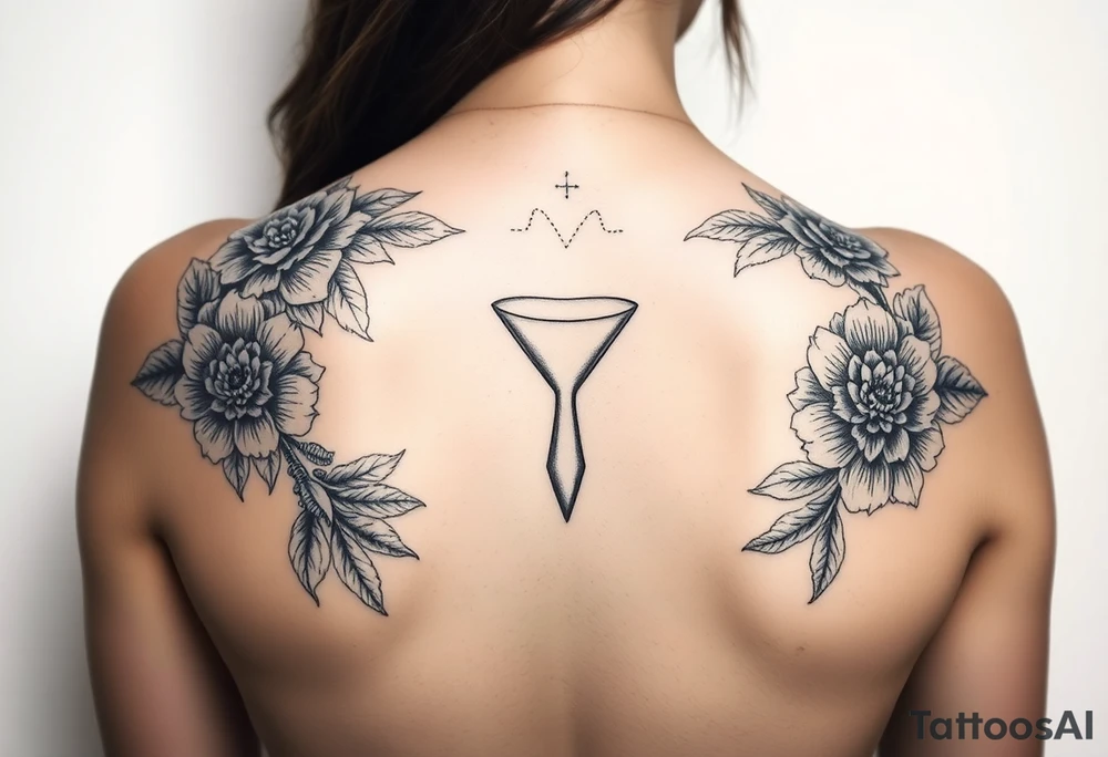 Feminine, full back tattoo, florals on the shoulder with an hourglass in the middle and Mendola lines tattoo idea